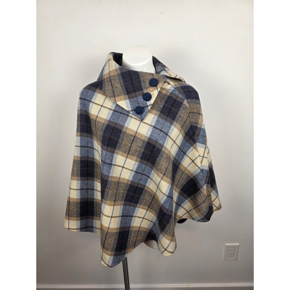 Mucros Weavers Ireland 100% Wool Plaid Cape‎ Poncho Blue Cream One Size